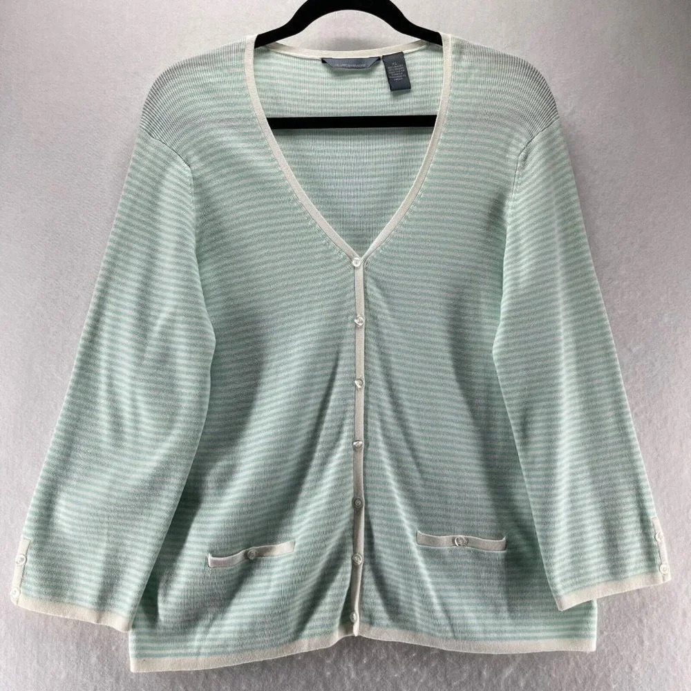 Hillard & Hanson Cardigan Womens Size XL Striped Button Front Long Sleeve Green